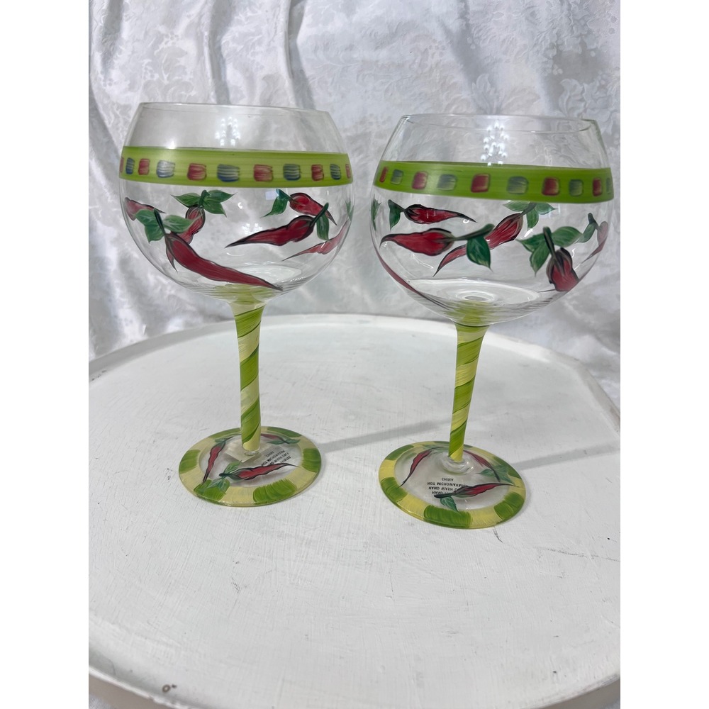 Set of 2 Hand Painted Red Chili Pepper Wine Glasses Green Swirl Stem Style 2307